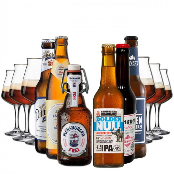 Alkoholfreies Bier und 6 Gläser