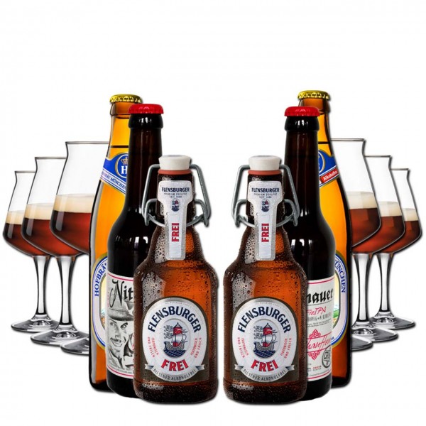 Alkoholfreies Bier und 6 Gläser